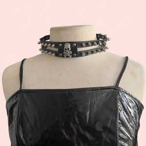 2000’s Goth Metal Skull Studded Spike Vegan Leather Choker Collar Necklace